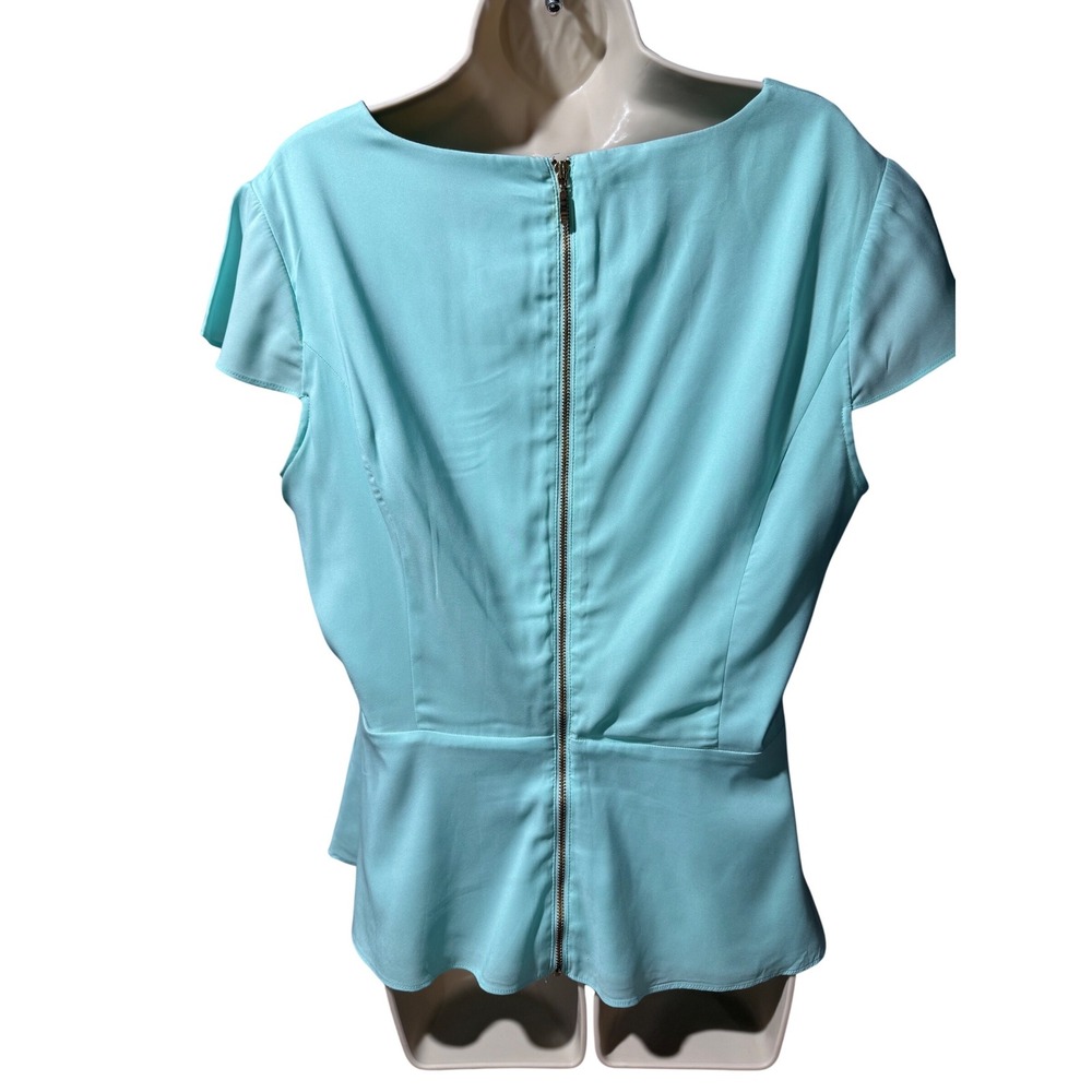 Express Seafoam Green Peplum Blouse Cap Sleeve Exposed Gold Zipper Top Large - Picture 3 of 8